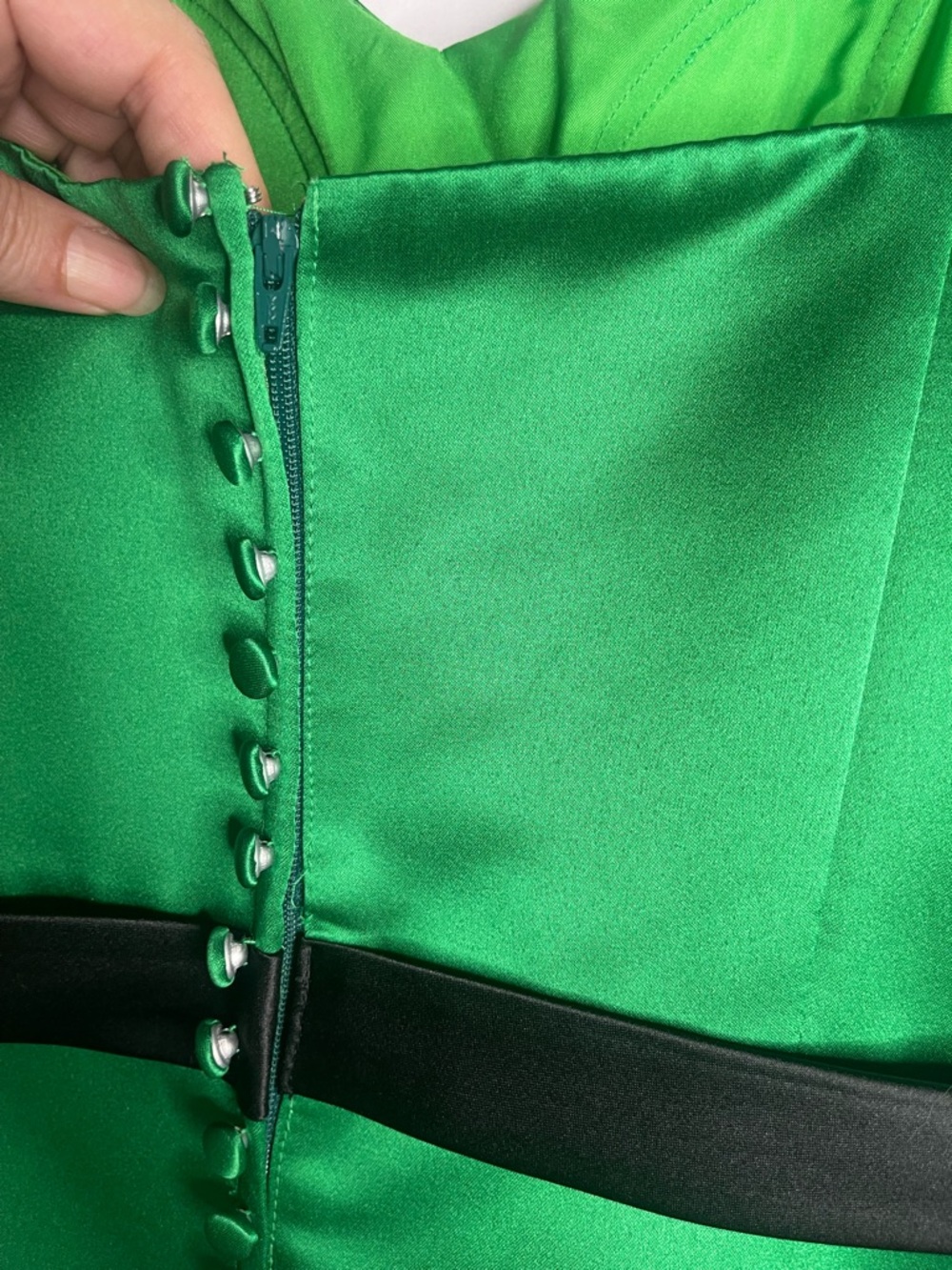 Symphony of Venus Emerald Green Satin Maxi Dress with Black Ribbon - Picture 9 of 10